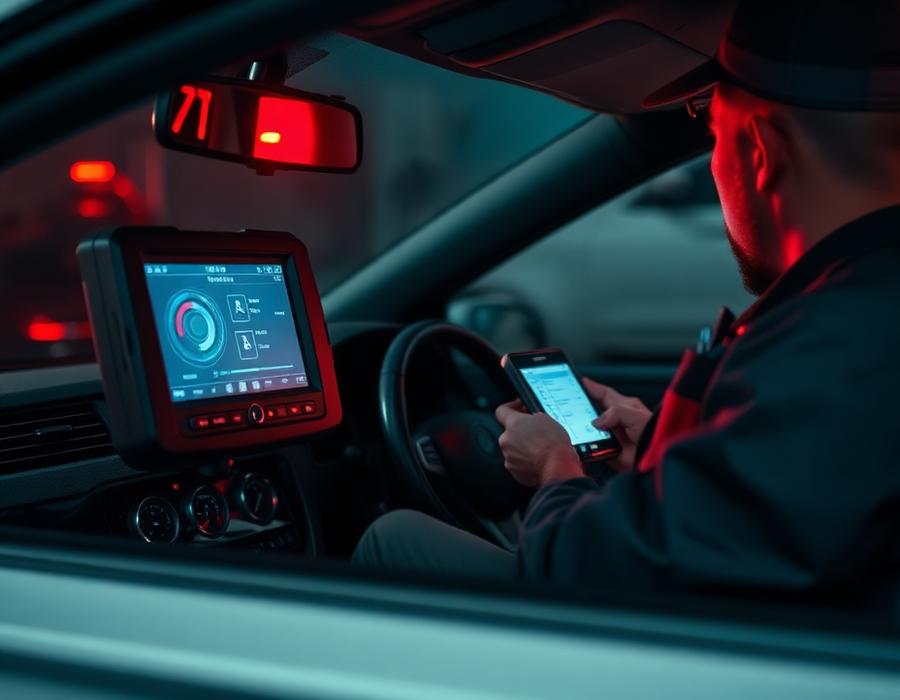 Technician performing mobile vehicle diagnostics